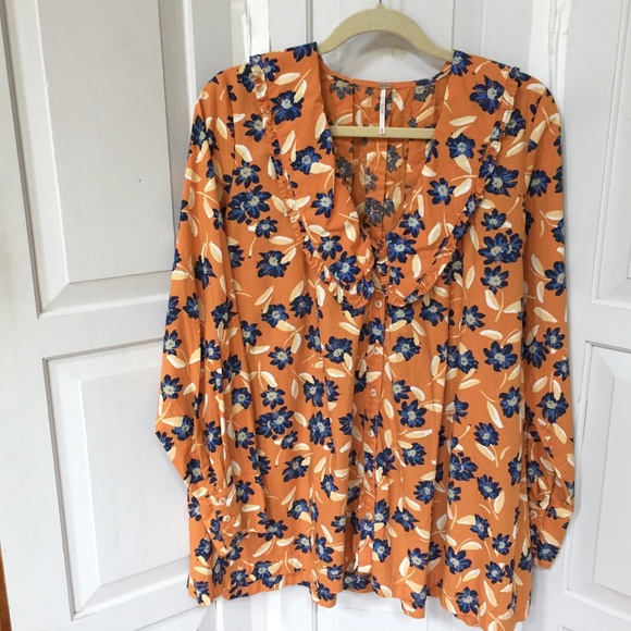 Free People Orange Floral Blouse ~Oversized - Picture 2 of 16